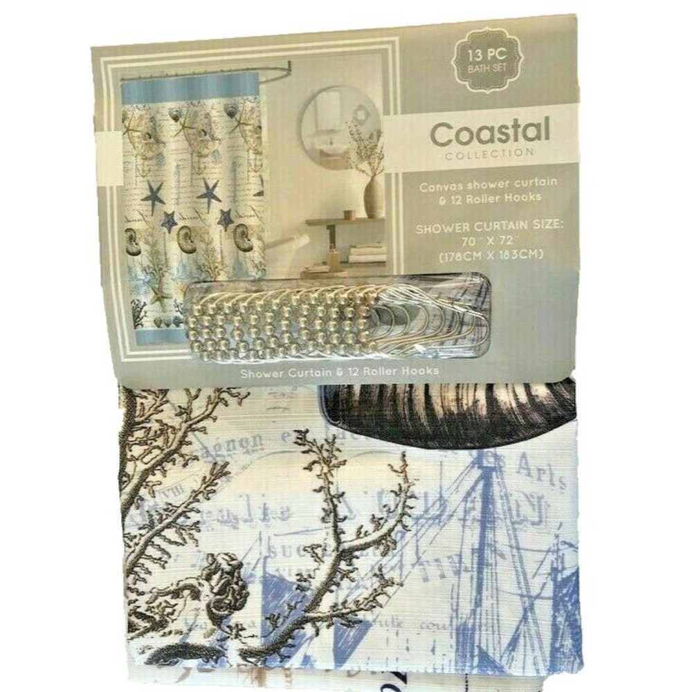 Coastal Fabric Shower Curtain Anchor Shells Starfish w/Hooks Beach Summer House